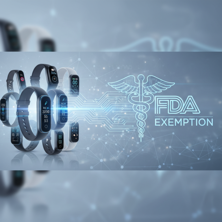 A collection of various smartwatches and fitness trackers on the left, with the FDA logo and "Exemption" text on the right, connected by a circuit board pattern.