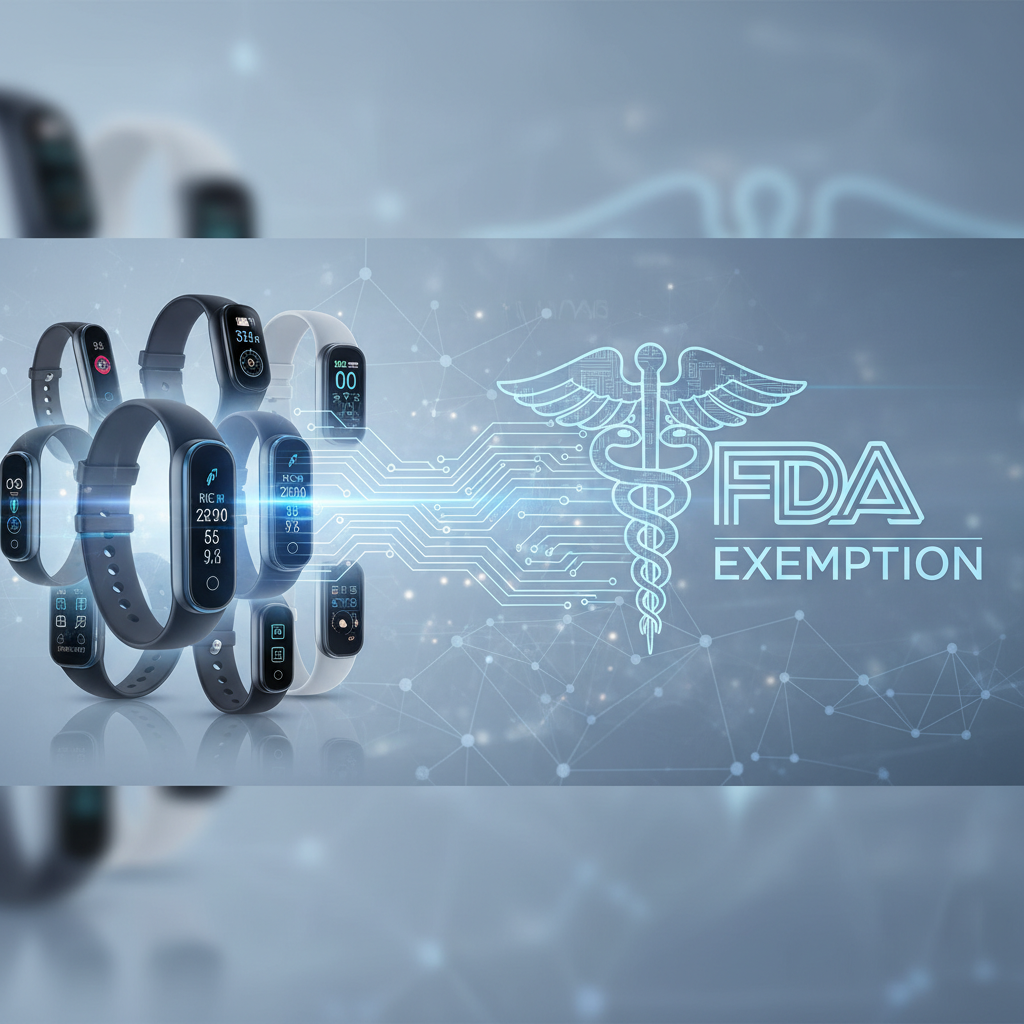 A collection of various smartwatches and fitness trackers on the left, with the FDA logo and "Exemption" text on the right, connected by a circuit board pattern.