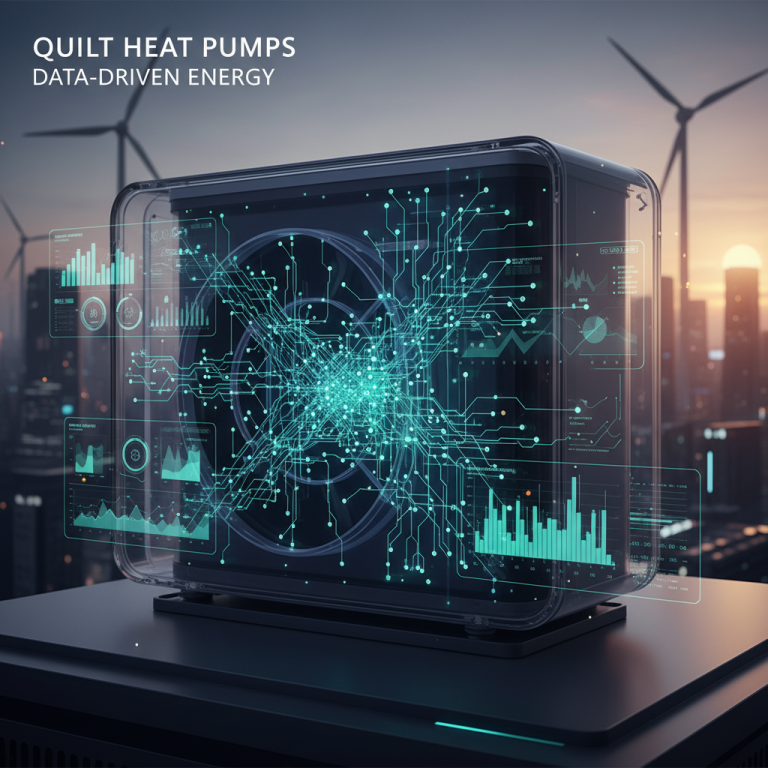 A modern heat pump with an overlaid circuit board graphic, illustrating data-driven energy efficiency against a cityscape.