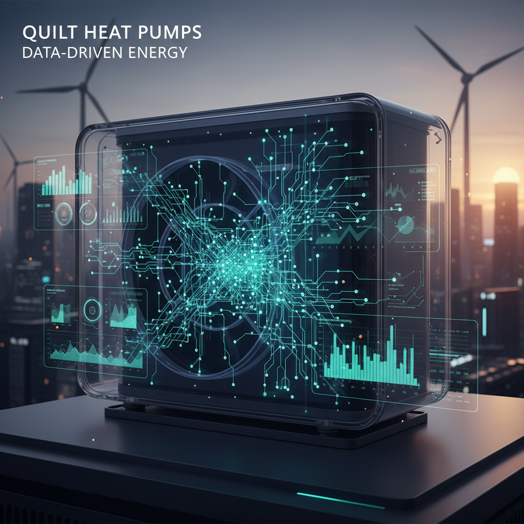 A modern heat pump with an overlaid circuit board graphic, illustrating data-driven energy efficiency against a cityscape.