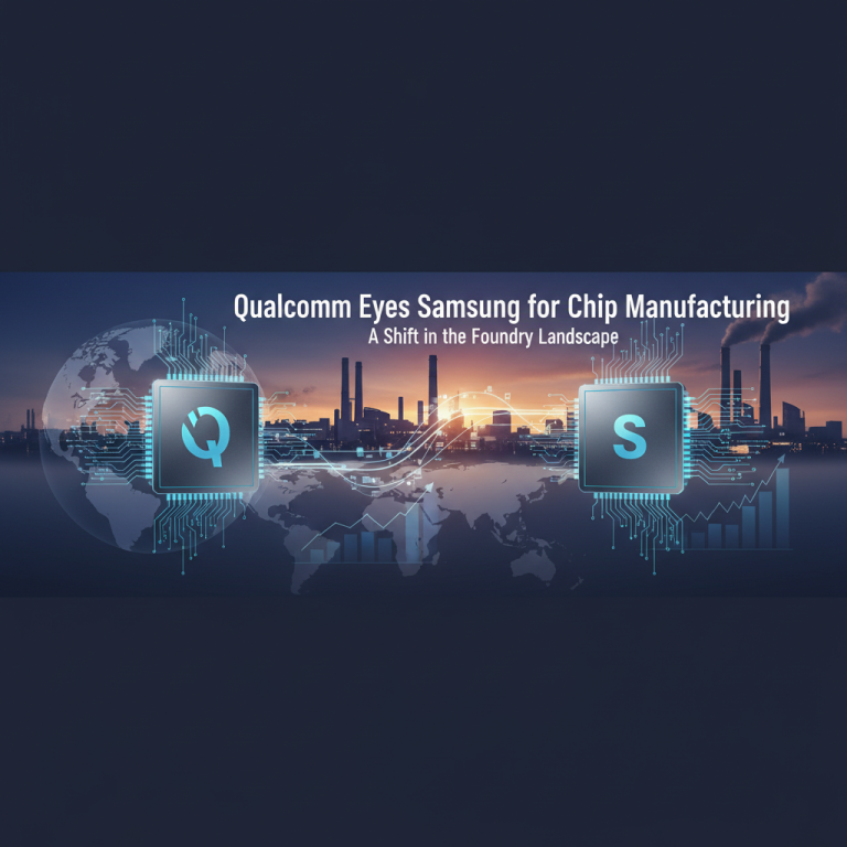 Digital illustration showing Qualcomm and Samsung logos as microchips, connected by circuits, with a factory skyline background.