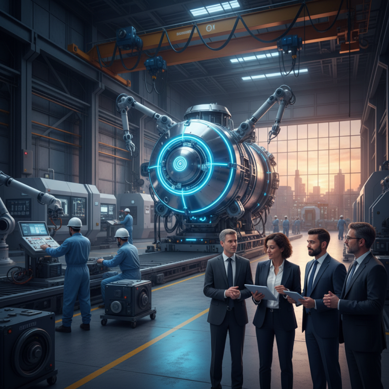 Business professionals observe advanced manufacturing of a small modular reactor in a high-tech factory.