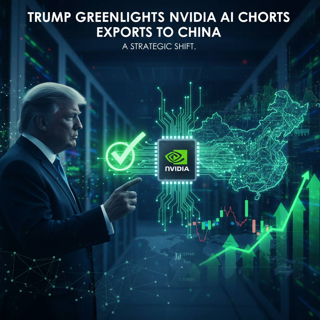 Donald Trump points towards an Nvidia AI chip and a map of China, with stock market graphs in the background.