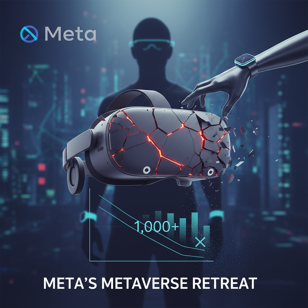 A shattered VR headset next to a downward trending graph with "1,000+" and a person reaching for a smartwatch, all against a blurred city background.