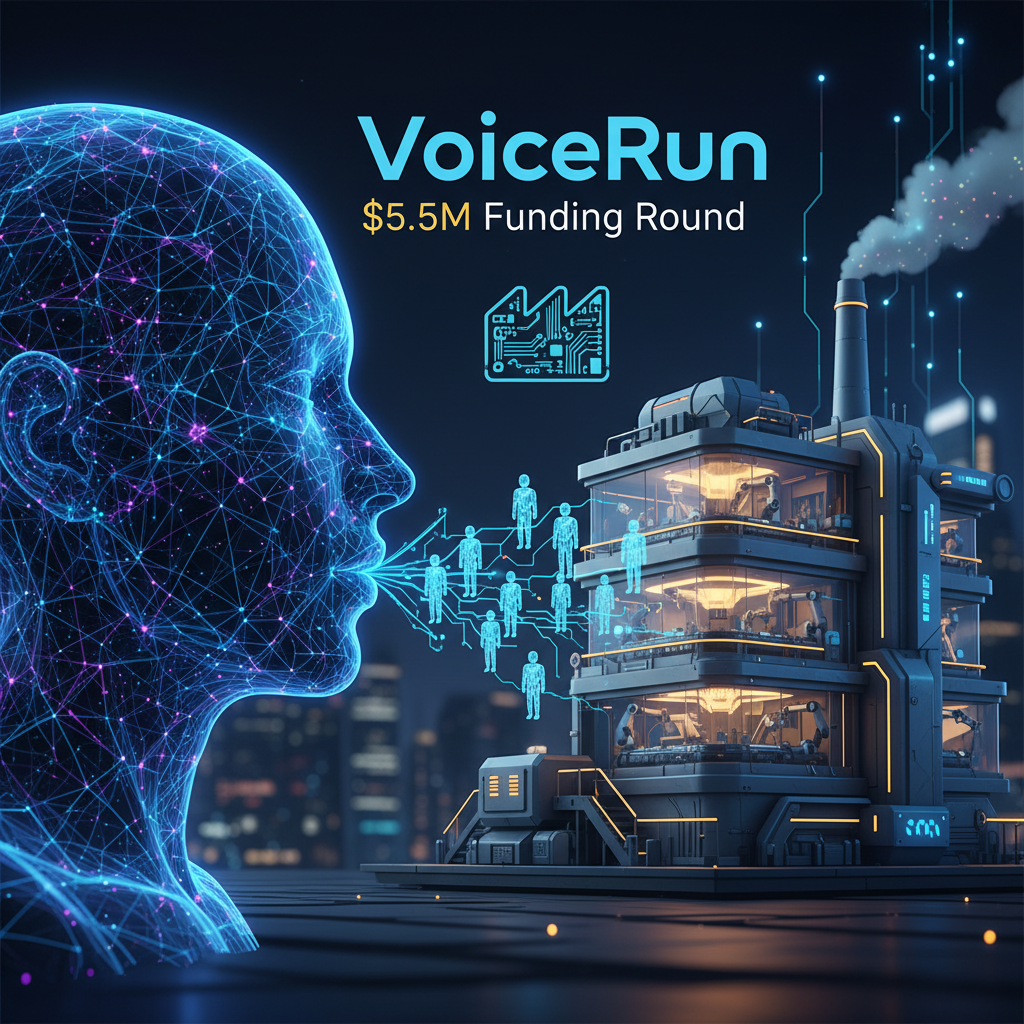 A professional image showing a digital head speaking towards an AI factory with small human figures, symbolizing voice agent creation.
