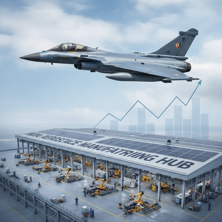 An Indian Air Force Rafale jet flying over a modern manufacturing facility with a rising graph overlay.