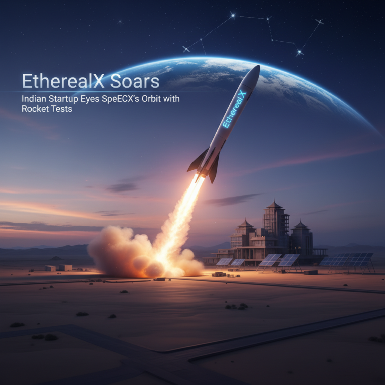 A sleek rocket with "EtherealX" on its side launching into a twilight sky, with Earth in the background.