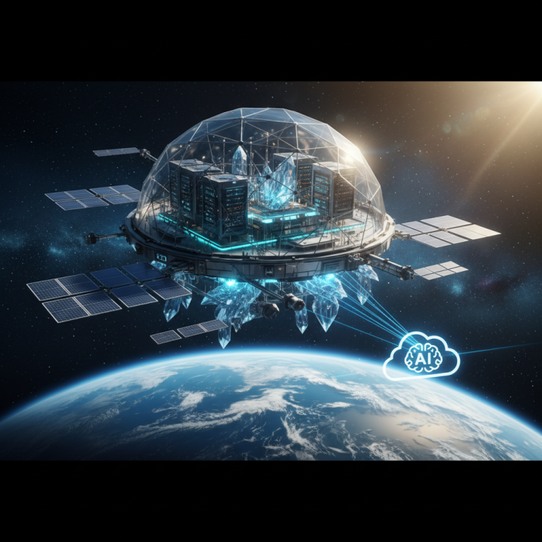 A futuristic space data center with solar panels orbiting Earth, connected to a glowing AI cloud icon.