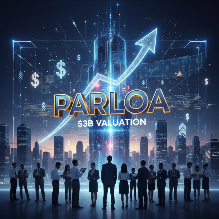 Professional image depicting the Parloa logo, $3B valuation, a cityscape, business professionals, and an upward trend.