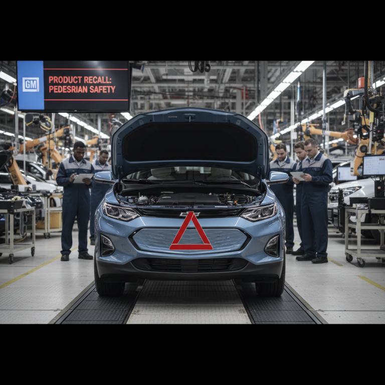 A Chevy Equinox EV on an assembly line with a recall warning and workers.