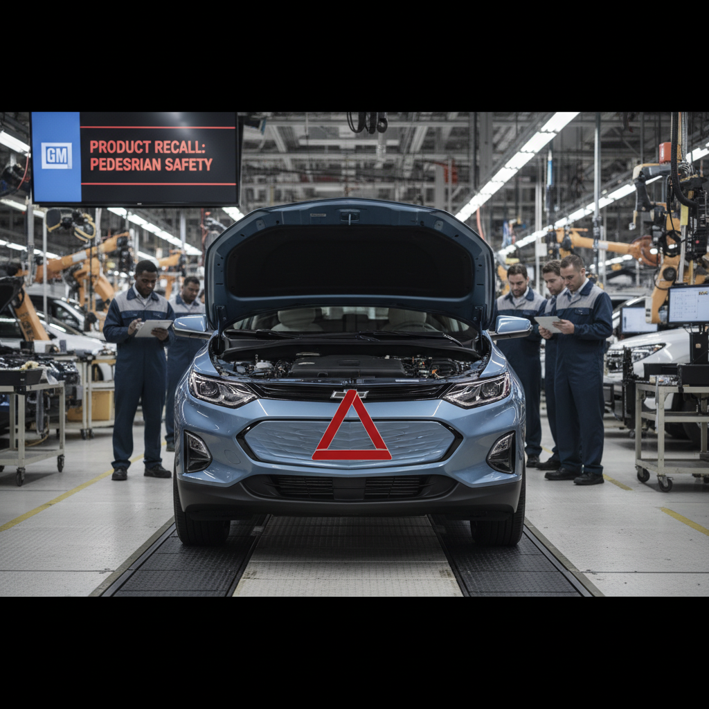 A Chevy Equinox EV on an assembly line with a recall warning and workers.