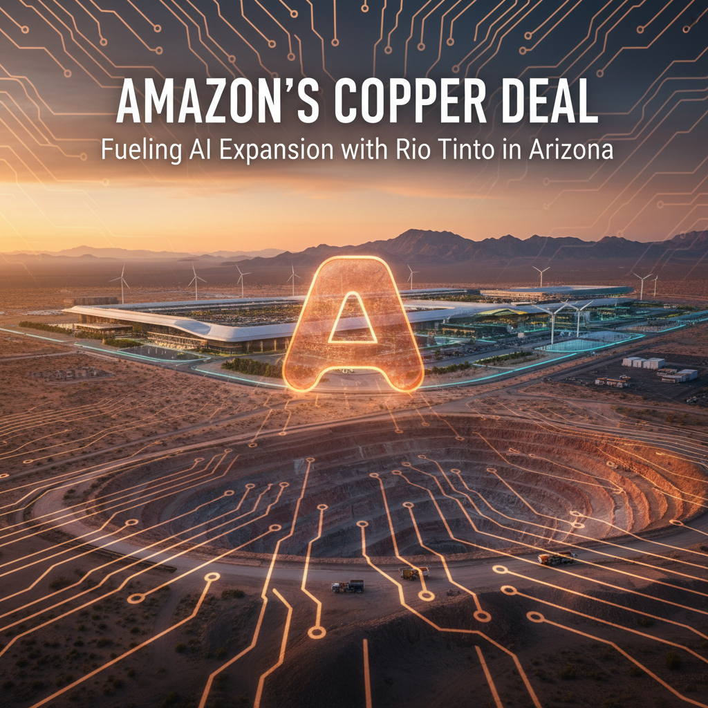 A professional image depicting Amazon's copper deal, with circuit board lines connecting a mine and a data center in Arizona.