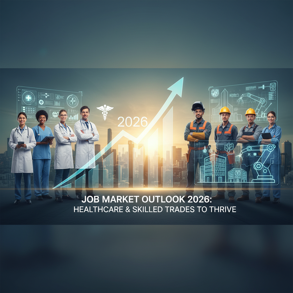 Professionals from healthcare and skilled trades sectors stand before a rising graph, symbolizing future job growth.