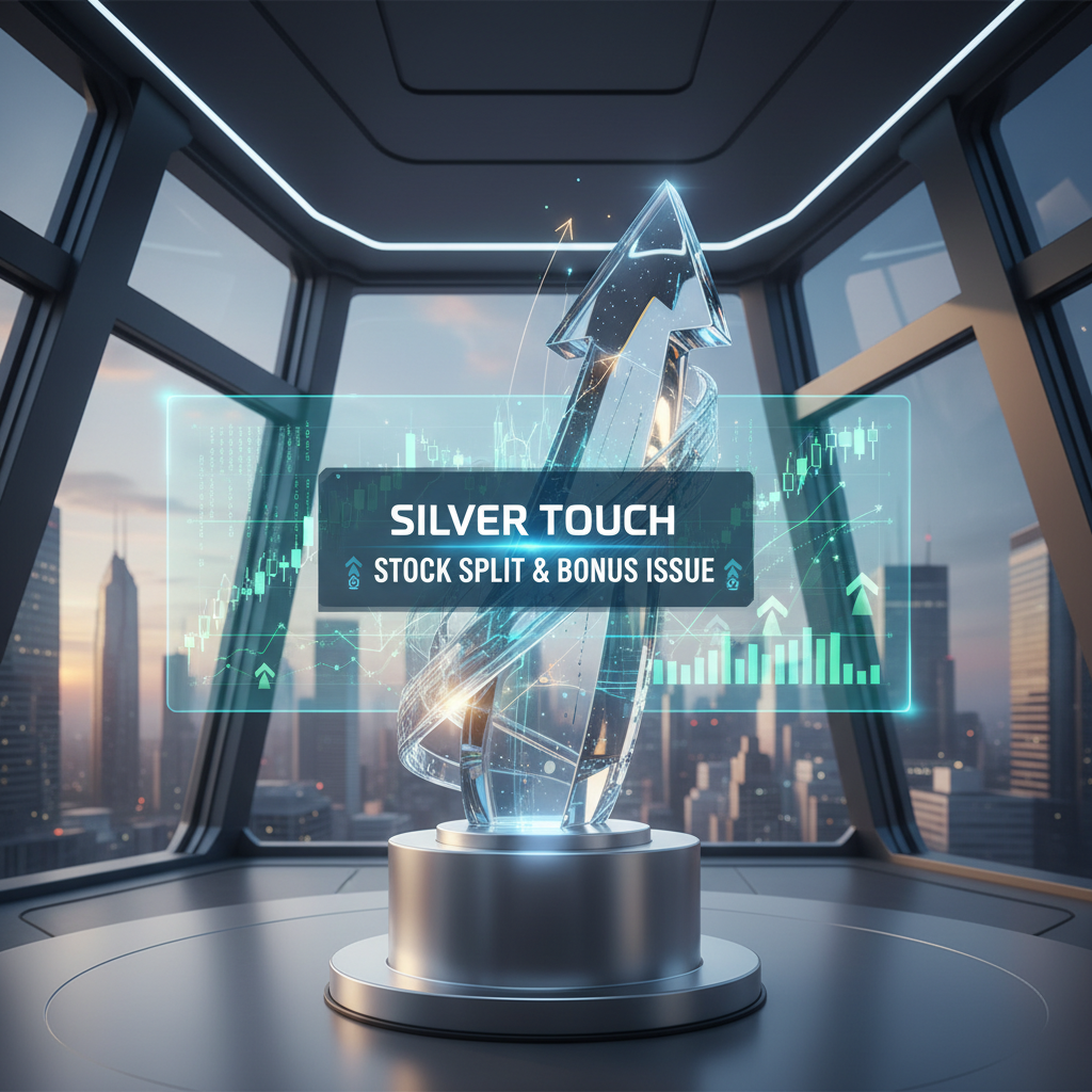 A professional image representing stock market growth and technology, with a holographic display showing "Silver Touch Stock Split & Bonus Issue".