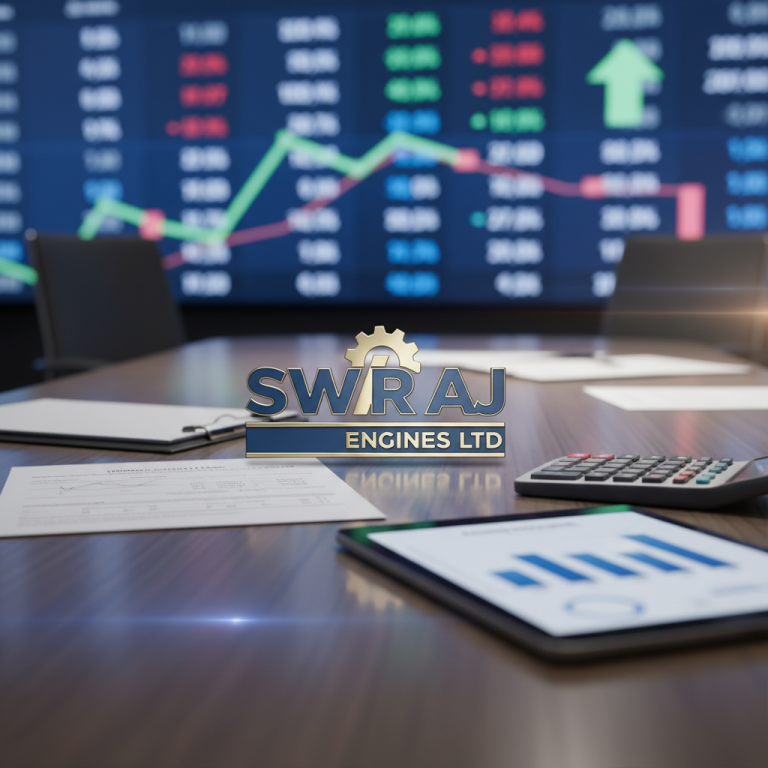 A boardroom setting with financial documents, a tablet displaying charts, and a large screen with stock market data.