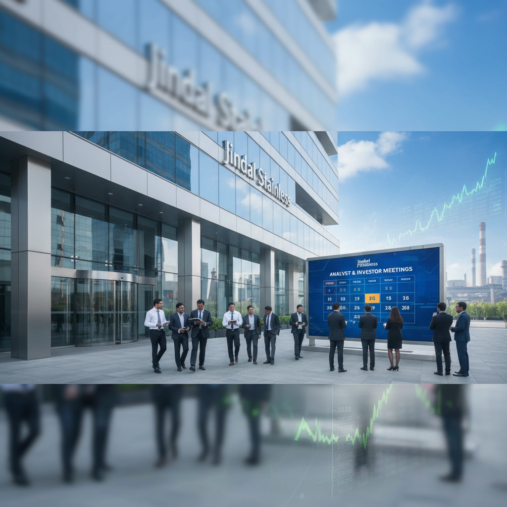 Professionals gather outside Jindal Stainless building, viewing a digital schedule for analyst and investor meetings.