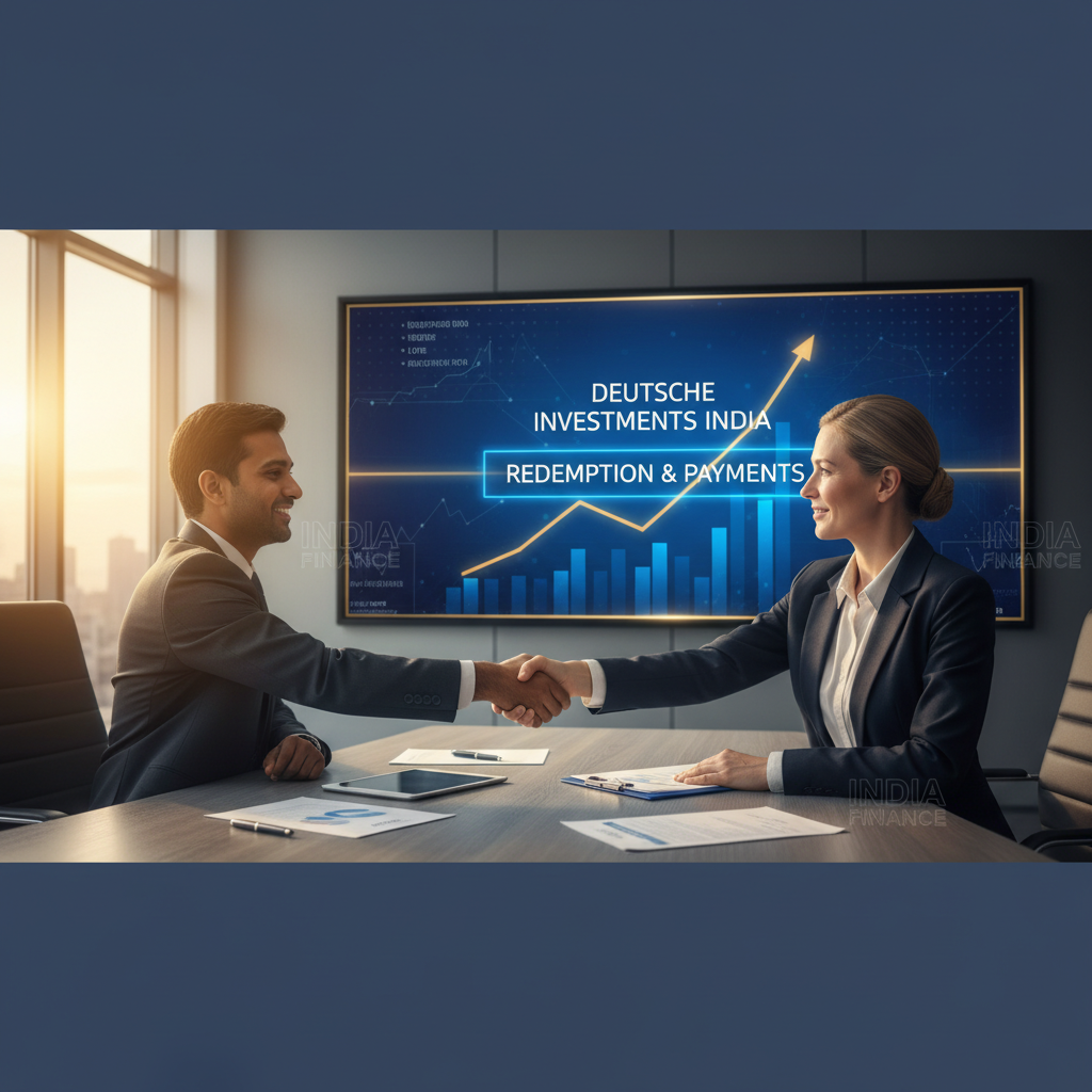 Two business professionals, a man and a woman, shaking hands across a conference table with investment charts on a screen.