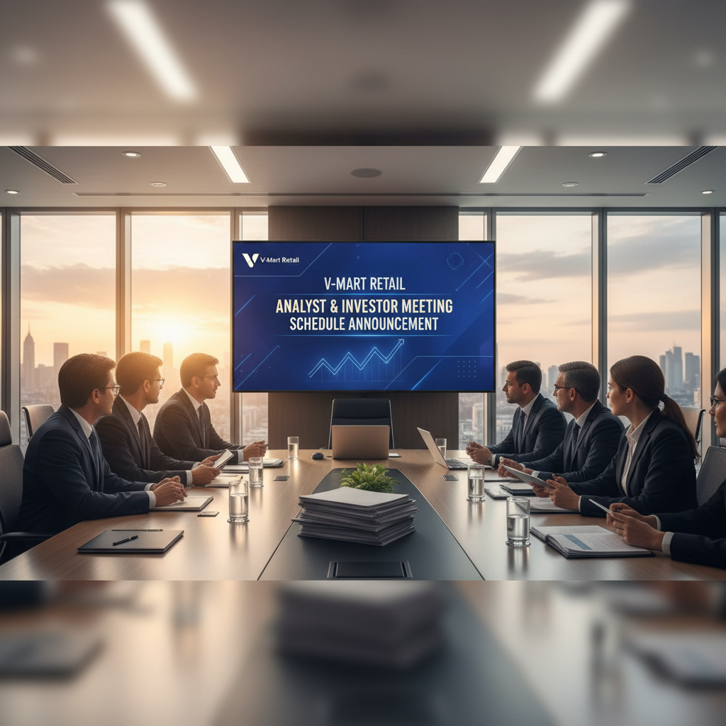Business professionals in a modern boardroom with a cityscape view, focusing on a screen displaying "V-Mart Retail Analyst & Investor Meeting."
