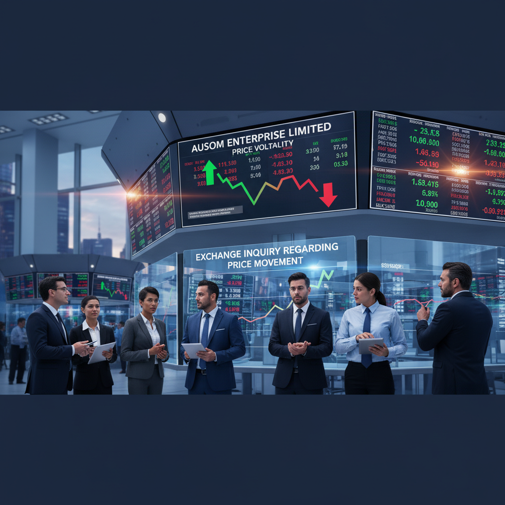 Professionals in suits observe stock market data on large, futuristic screens in a modern office.