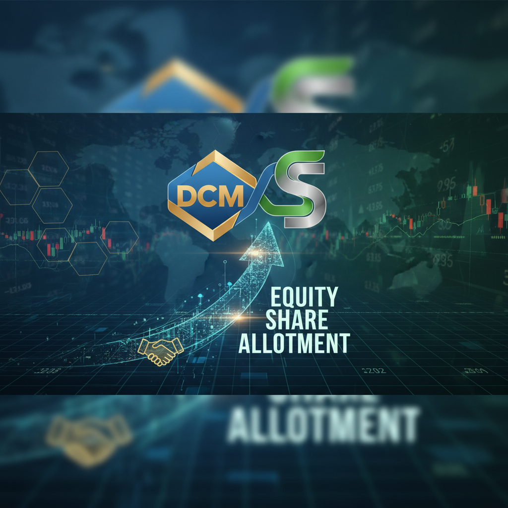 Professional image symbolizing equity share allotment for DCM Shriram Industries, featuring a handshake and upward arrow.