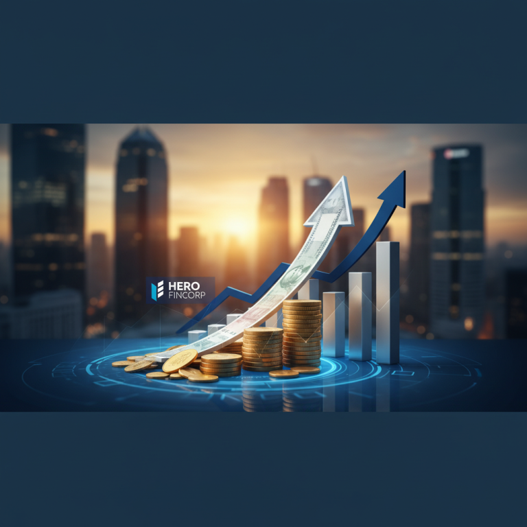 A professional image showing an upward-trending financial graph with coins, currency, and the Hero FinCorp logo.