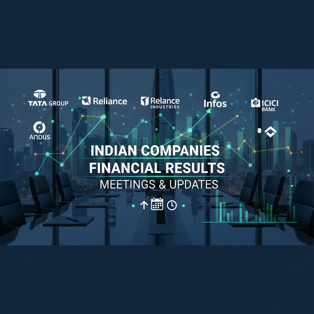 A professional image with the title "Indian Companies Financial Results Meetings & Updates" and Indian company logos.