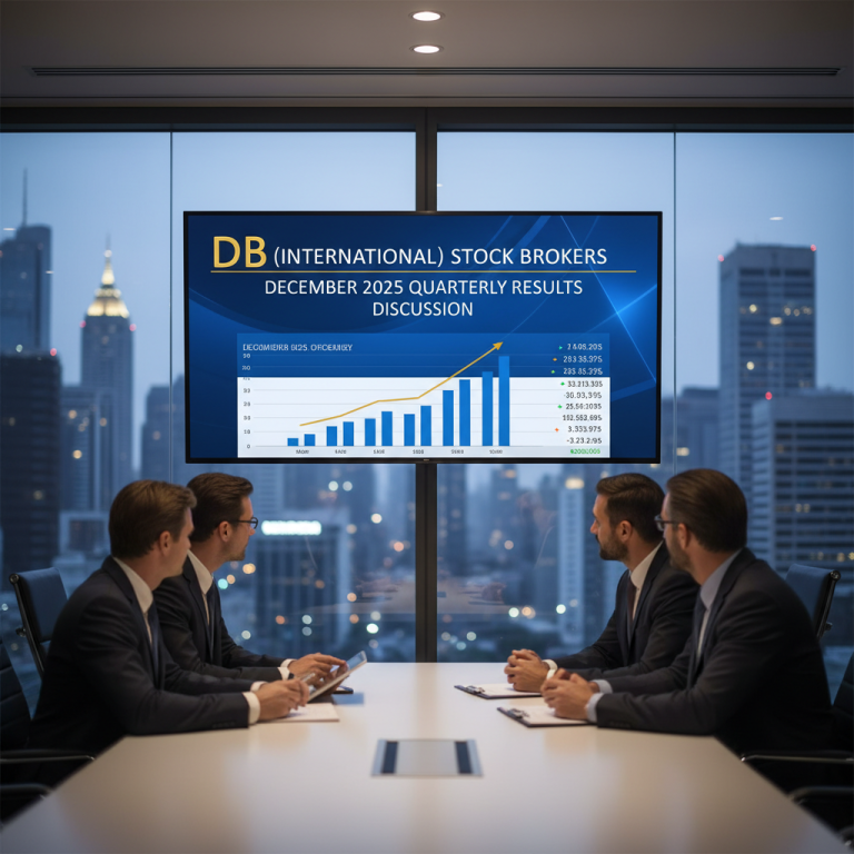 Four stock brokers in suits discussing quarterly results on a large screen in a modern office.