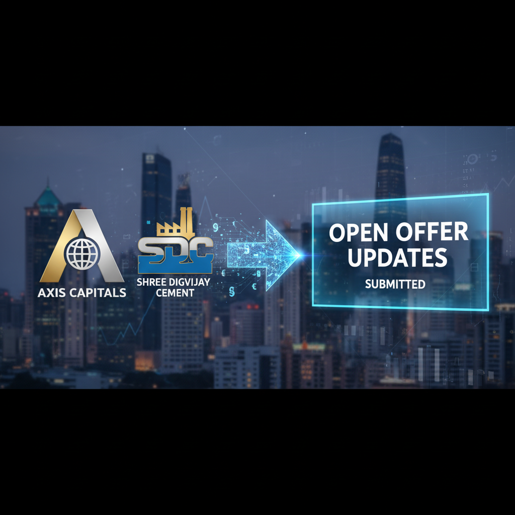 A professional visual representing an open offer update with company logos, financial graphics, and city skyline.