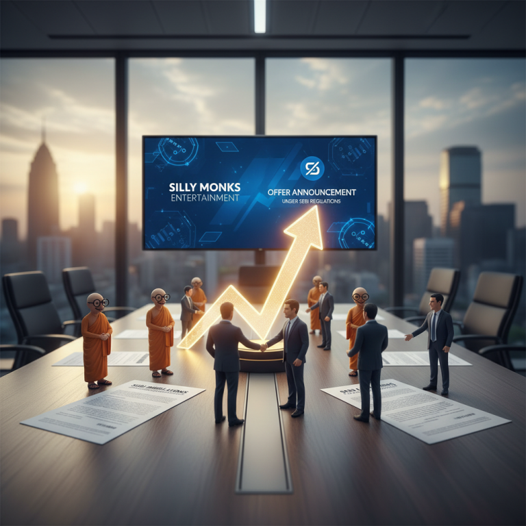 Businessmen shaking hands on a conference table with an upward arrow graph and "Silly Monks Entertainment" on a screen.