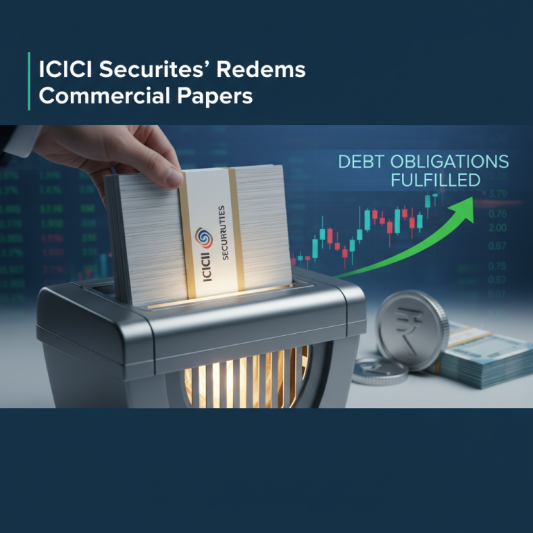 A hand inserts a stack of money labeled "ICICI Securities" into a paper shredder, symbolizing debt redemption.
