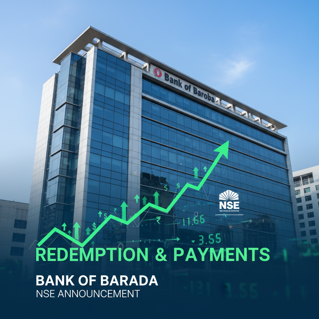 Bank of Baroda building with a green upward arrow graph, "REDEMPTION & PAYMENTS," "BANK OF BARODA," and "NSE ANNOUNCEMENT" text.