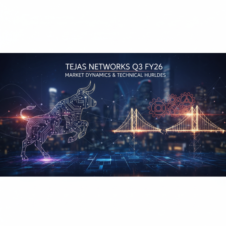 Digital bull market icon, network bridge, and gears over a blurred cityscape symbolizing tech, markets, and challenges.