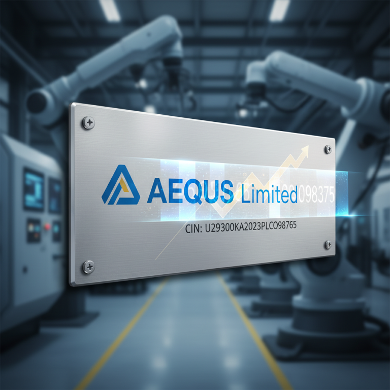 A professional metallic plaque displaying "AEQUS Limited" and "CIN: U29300KA2023PLC098765"