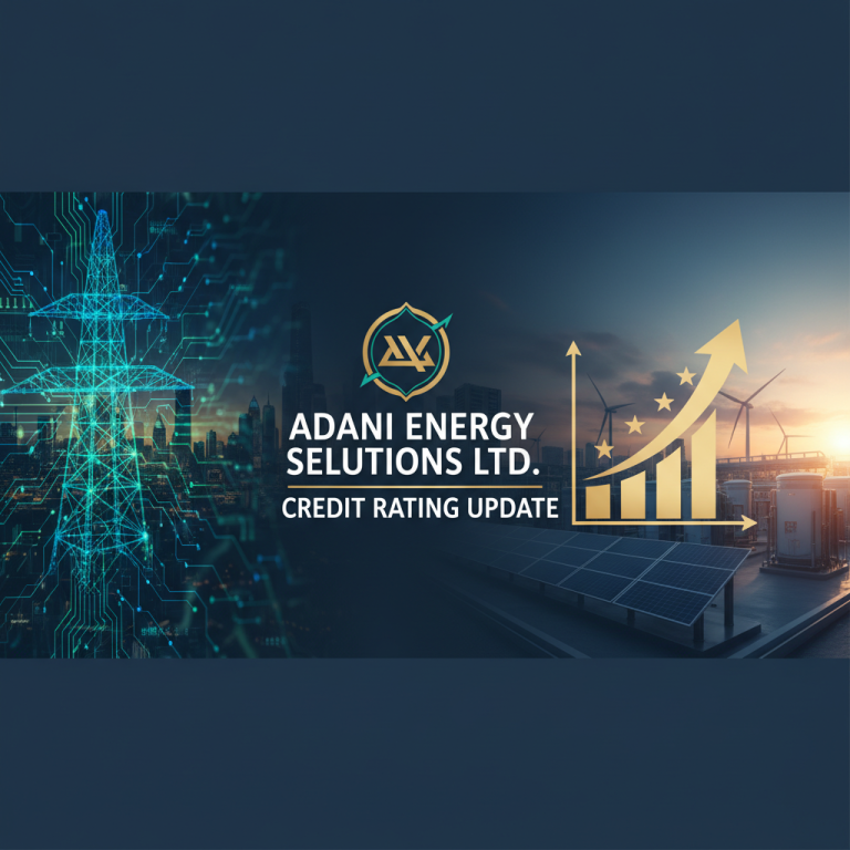A professional banner with Adani logo, power infrastructure, and a credit rating graph.