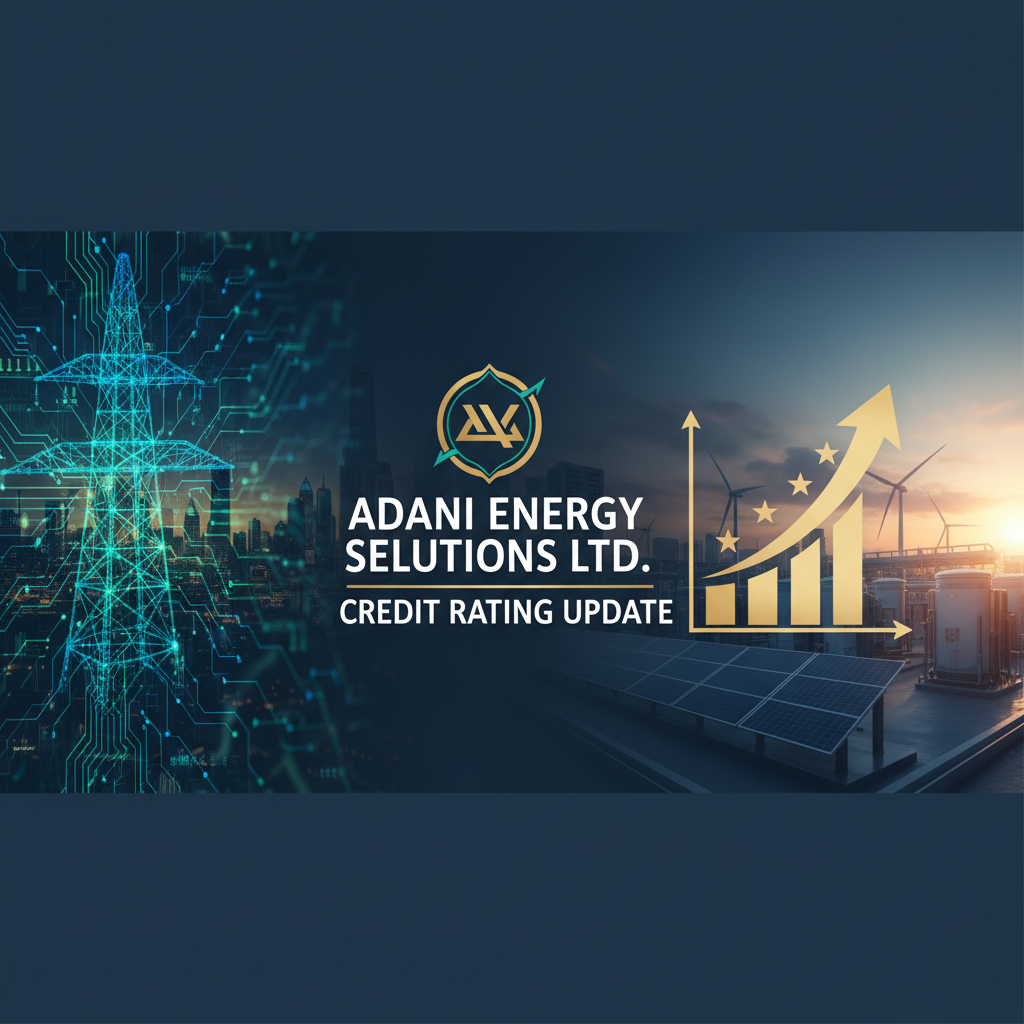 A professional banner with Adani logo, power infrastructure, and a credit rating graph.