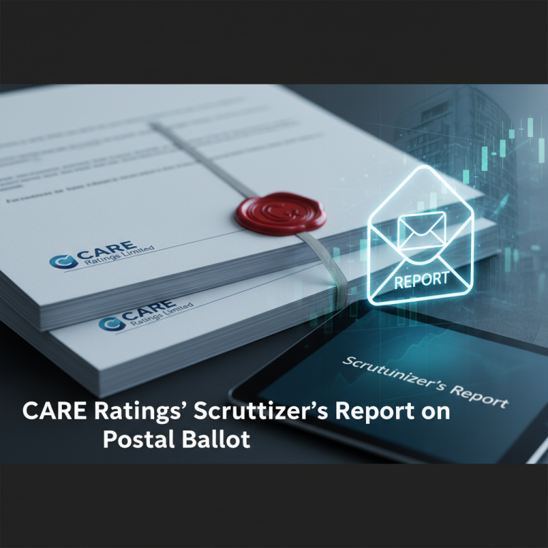 A professional image showing a stack of documents with a wax seal, a tablet displaying "Scrutinizer's Report," and a digital overlay of a report icon and market graphs, all against a dark background.