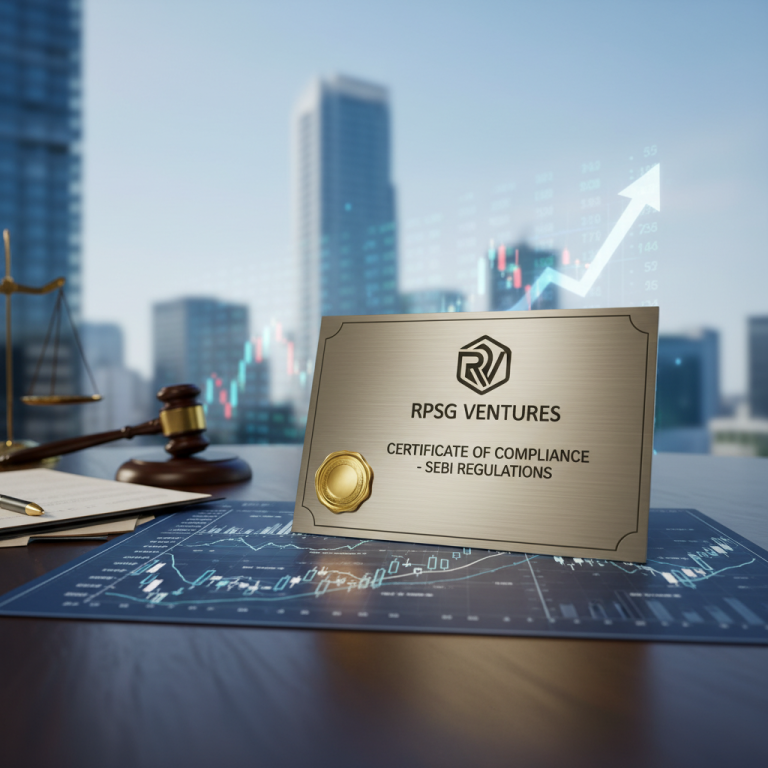 A certificate from RPSG Ventures stating compliance with SEBI Regulations, set against a backdrop of city buildings and financial charts.