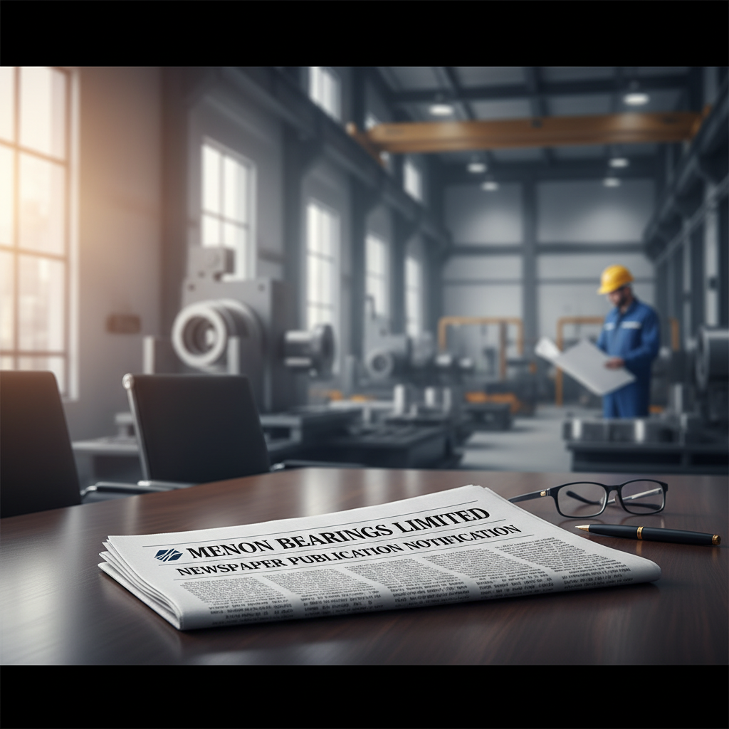 A newspaper on a wooden desk with "Menon Bearings Limited" headline, glasses, and a pen. A factory is blurred in the background.