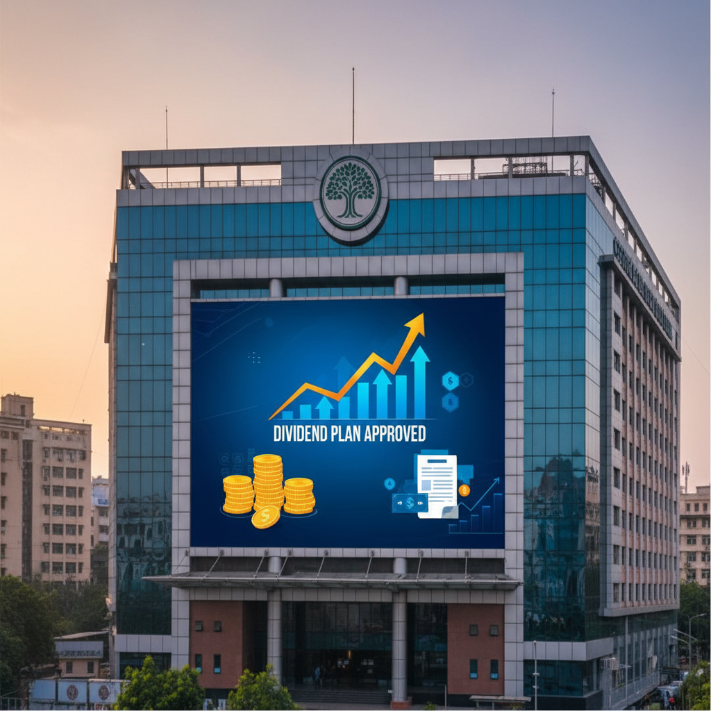 A modern bank building with a superimposed graphic displaying "DIVIDEND PLAN APPROVED" and growth charts.