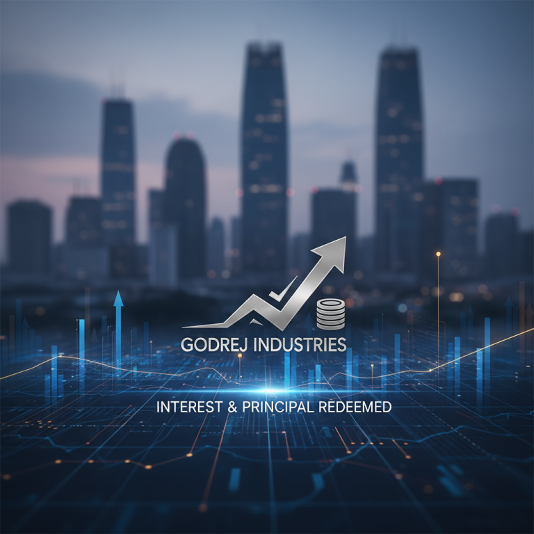 A professional image with the Godrej Industries logo, an upward-trending arrow, and financial graphs against a city skyline.