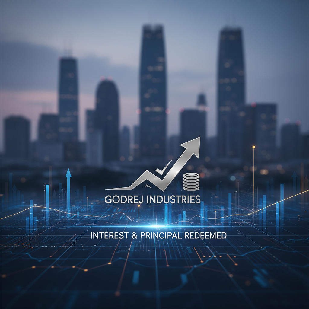 A professional image with the Godrej Industries logo, an upward-trending arrow, and financial graphs against a city skyline.