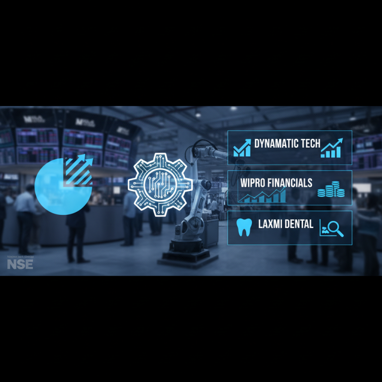 A professional visual representing stock market data, manufacturing robotics, and dental technology, suitable for financial news.