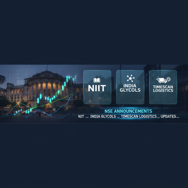 A professional graphic representing stock market news with company logos (NIIT, India Glycols, Timescan Logistics) over a chart.