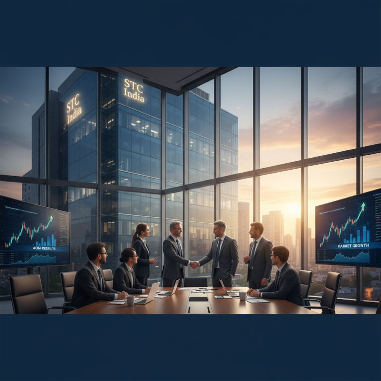 Business professionals in a modern boardroom, shaking hands, with city skyline and financial charts.