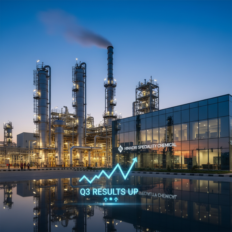 A modern chemical manufacturing plant at dusk with a superimposed glowing blue upward trend arrow and "Q3 RESULTS UP" text.