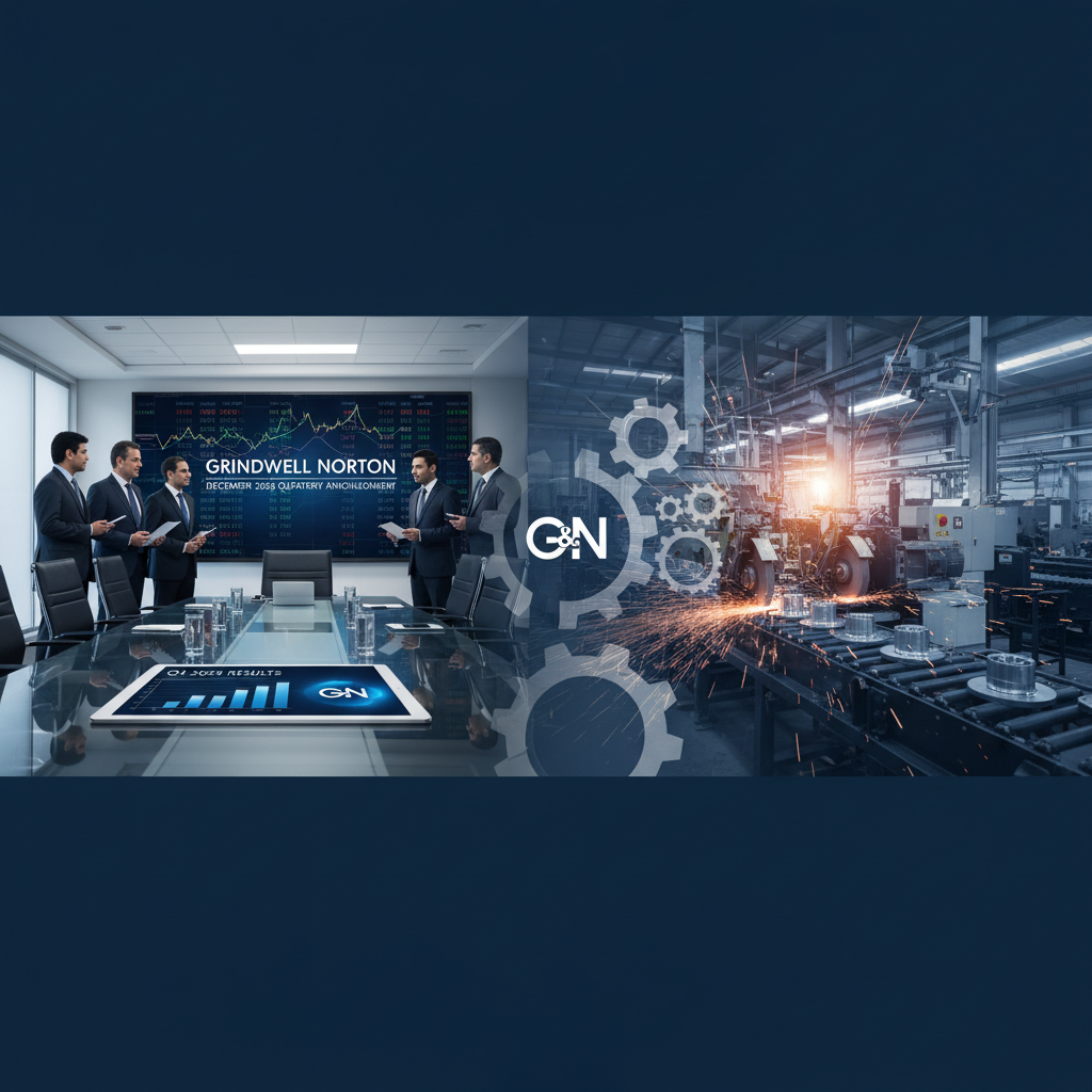 Business professionals review financial data in a modern office, while industrial gears symbolize manufacturing.