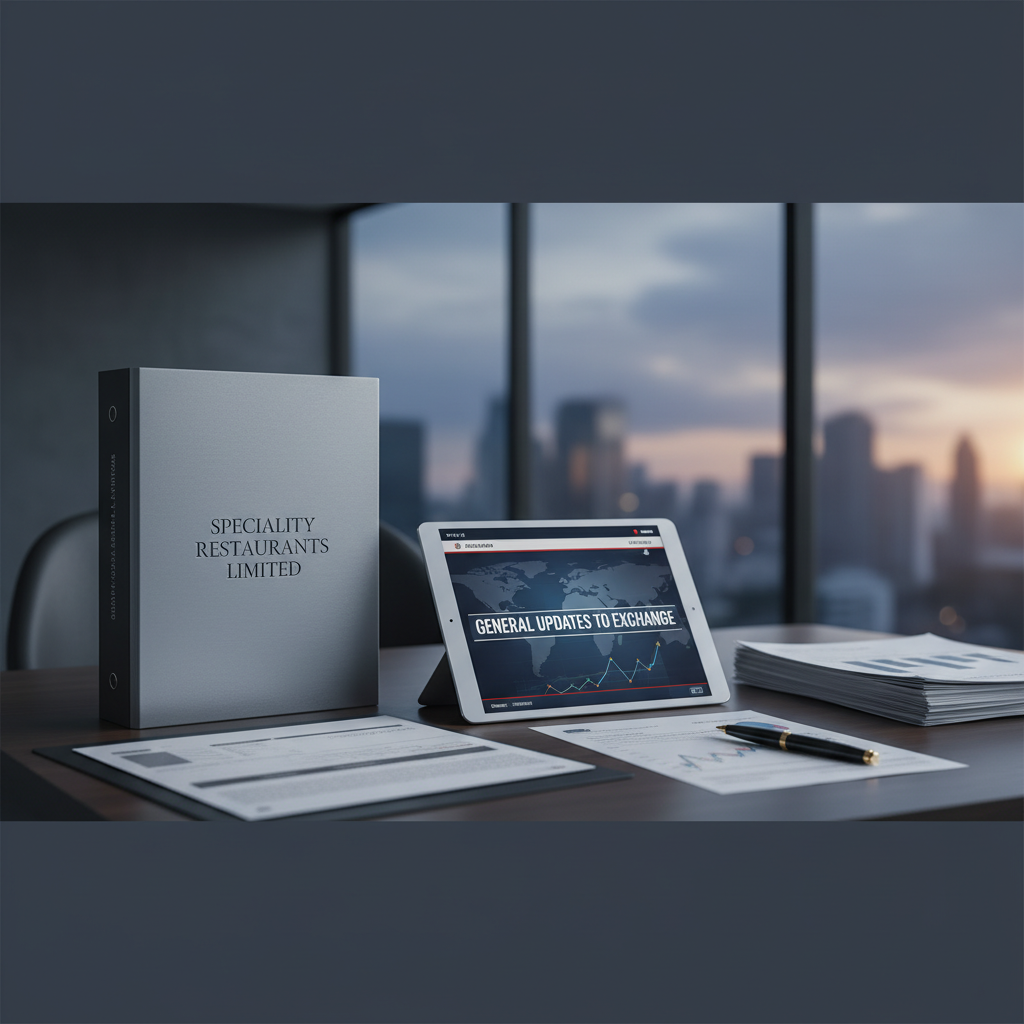 A professional image with a gray binder labeled "Speciality Restaurants Limited" and a tablet showing "General Updates to Exchange."