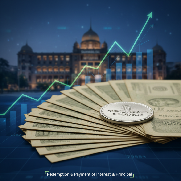A silver coin with "SUNDARAM FINANCE" on stacked banknotes, against a backdrop of a growing financial graph and a building.