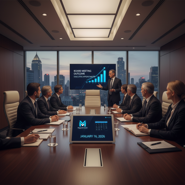 Business professionals in a modern boardroom with a cityscape view, discussing meeting outcomes and market economy.