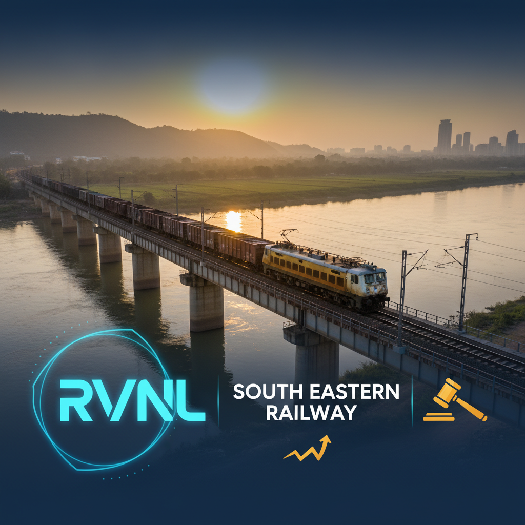 Train on a bridge at sunset, RVNL logo, South Eastern Railway text, gavel icon, and upward trend arrow.
